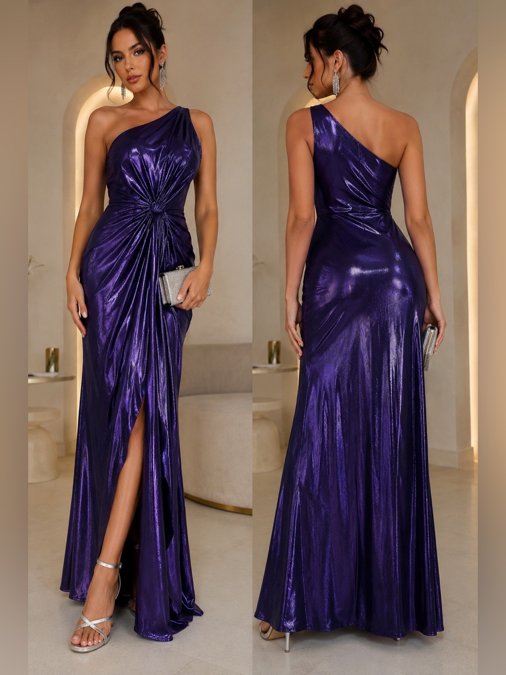 One-Shoulder Metallic Evening Gown in Purple